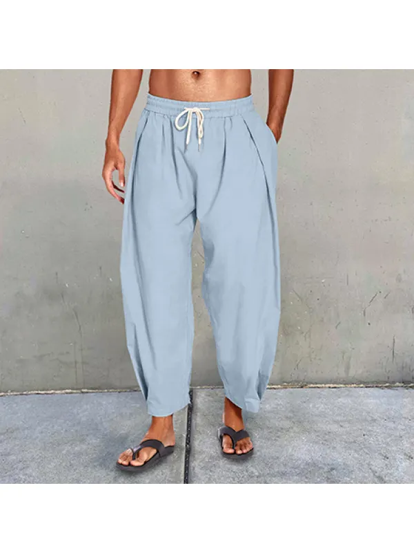 Men's Cotton Linen Drawstring Cropped Casual Harem Pants - Aptkoi.com 