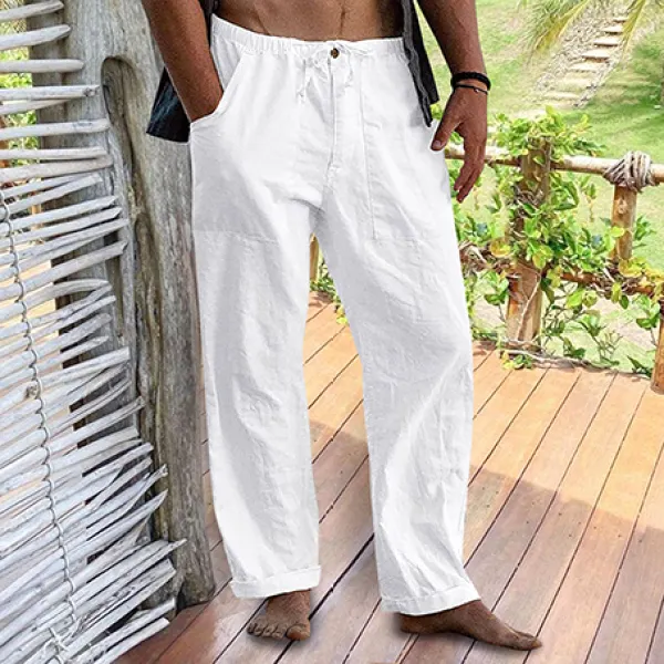 Men's Linen Elastic Waist Drawstring Pocket Loose Casual Pants - Fineyoyo.com 