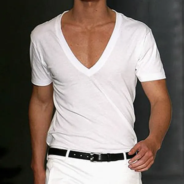 Men's Basic White Deep V-Neck Cotton Short Sleeve T-Shirt - Elementnice.com 