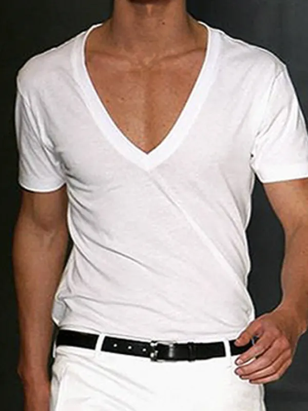 Men's Basic White Deep V-Neck Cotton Short Sleeve T-Shirt - Pragmaace.com 