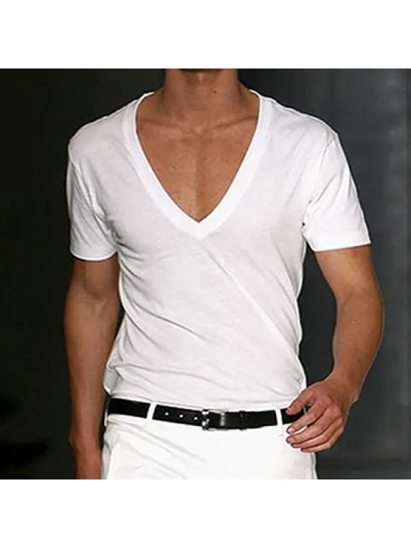 Men's Basic White Deep V-Neck Cotton Short Sleeve T-Shirt - Ootdmw.com 