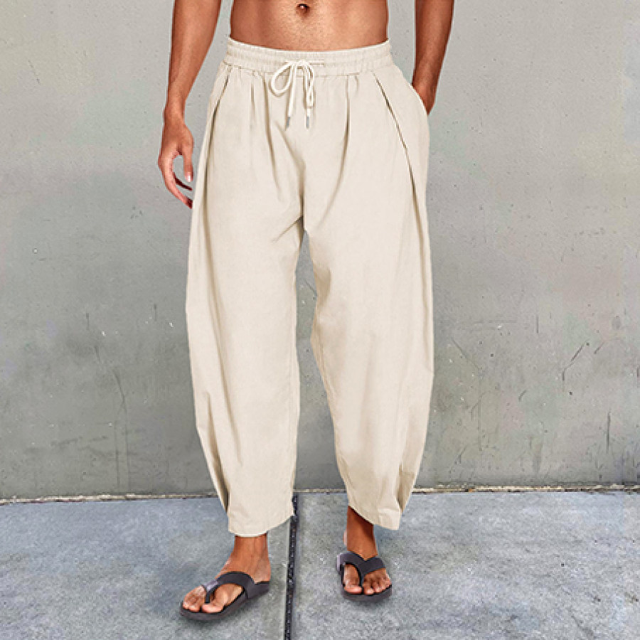 

Men's Cotton Linen Drawstring Cropped Casual Harem Pants