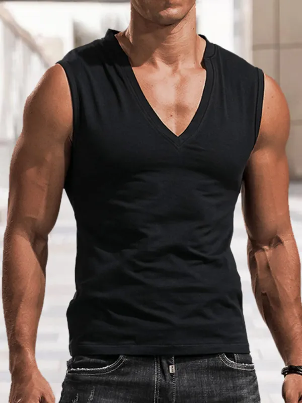 Men's Solid Color V-neck Tank Top Casual Breathable Sleeveless T-Shirt - Sunshinetip.com 