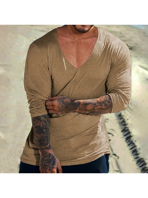 Men's Solid Color V-Neck Slim Fit Breathable Casual Cotton T-Shirt Top - Timetomy.com 