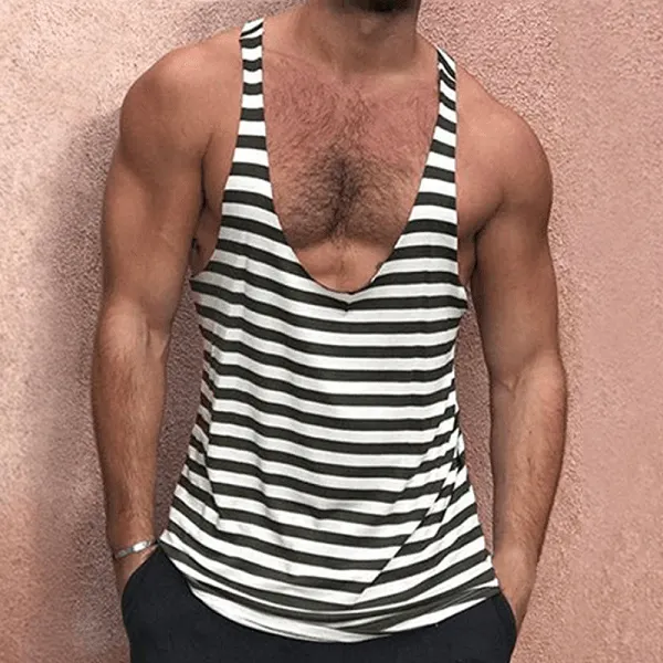 Men's Solid Color Deep V Neck Tank Top Casual Breathable Sweat Wicking Striped T-Shirt - Menilyshop.com 
