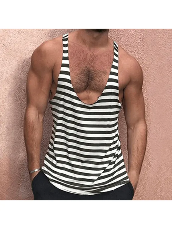 Men's Solid Color Deep V Neck Tank Top Casual Breathable Sweat Wicking Striped T-Shirt - Timetomy.com 