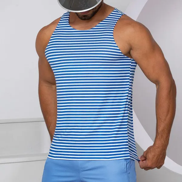 Summer Men's Navy Stripes Print Tank Top Beach Casual Breathable Sleeveless Vest T-Shirt - Mobivivi.com 