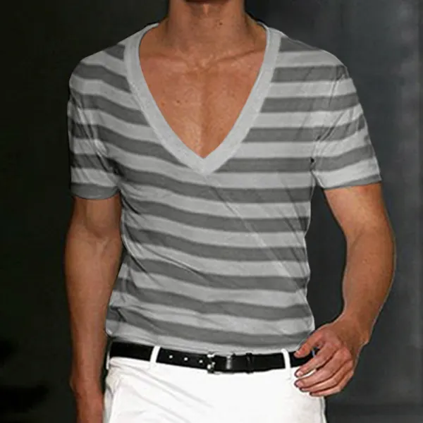 Men's Deep V Neck Striped Basic CasualT-Shirt - Ootdyouth.com 