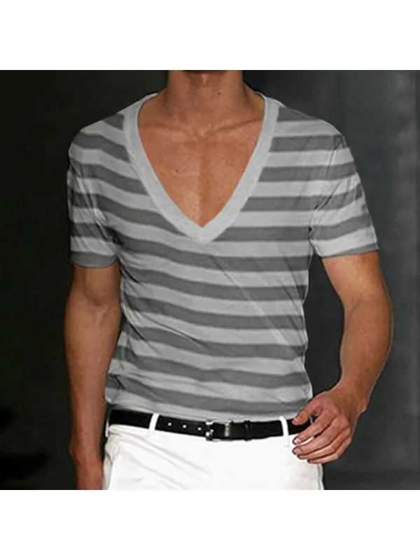 Men's Deep V Neck Striped Basic CasualT-Shirt - Ootdmw.com 