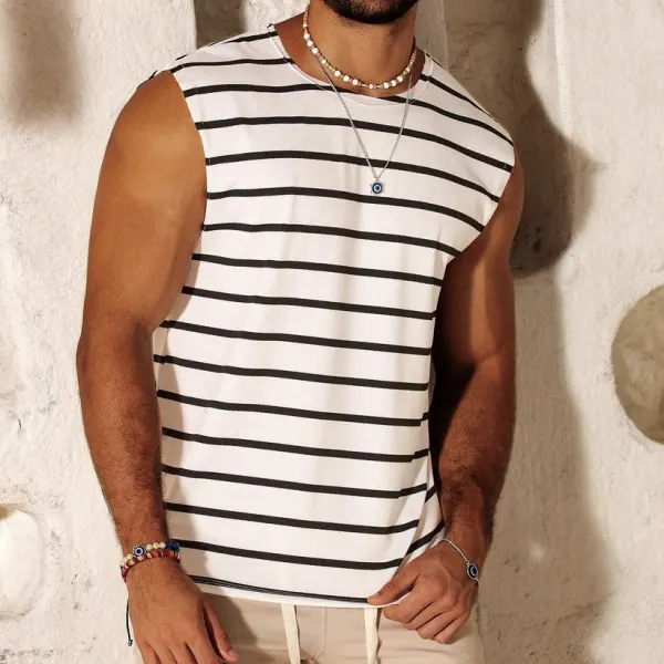 Summer Men's Stripe Print Tank Top Beach Casual Breathable Sleeveless Vest T-Shirt - Menilyshop.com 