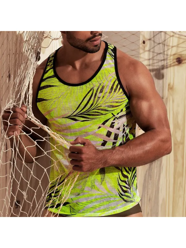 Summer Men's Tropical Print Tank Top Casual Breathable Sleeveless Vest T-Shirt - Ootdmw.com 