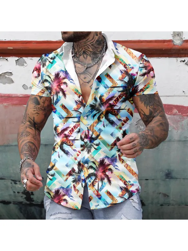 Men's Seaside Beach Geometry Coconut Tree Short Sleeve Shirt - Anrider.com 