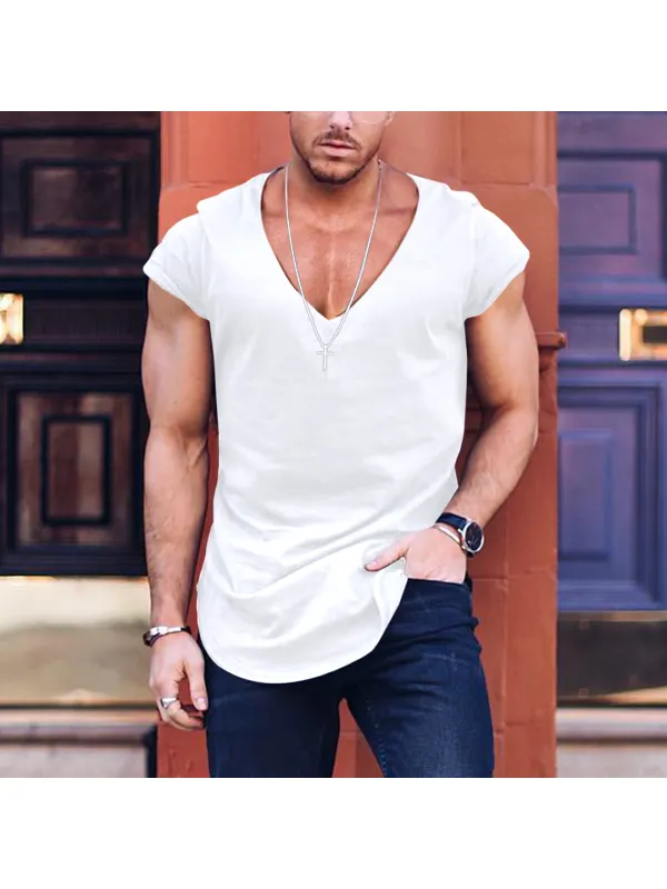 Men's Solid Color V-neck Casual Breathable T-Shirt - Wearmw.chimpone.com 