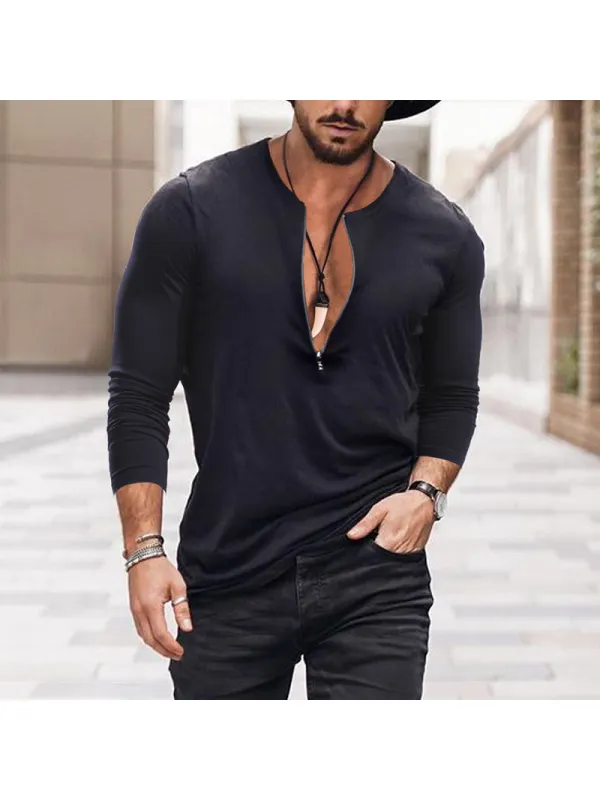 Men's Zip V-Neck Casual Long Sleeve T-Shirt - Ootdmw.com 