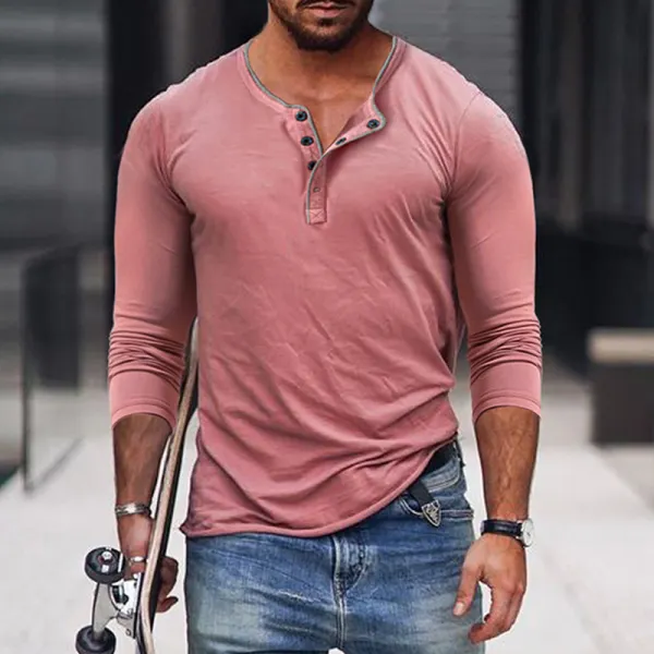 Men's Henry V-Neck Casual Long Sleeve T-Shirt - Fineyoyo.com 