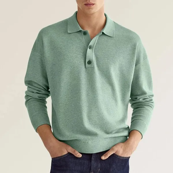 Men's Casual V-Neck Button Long Sleeve Polo Shirt Top - Keymimi.com 