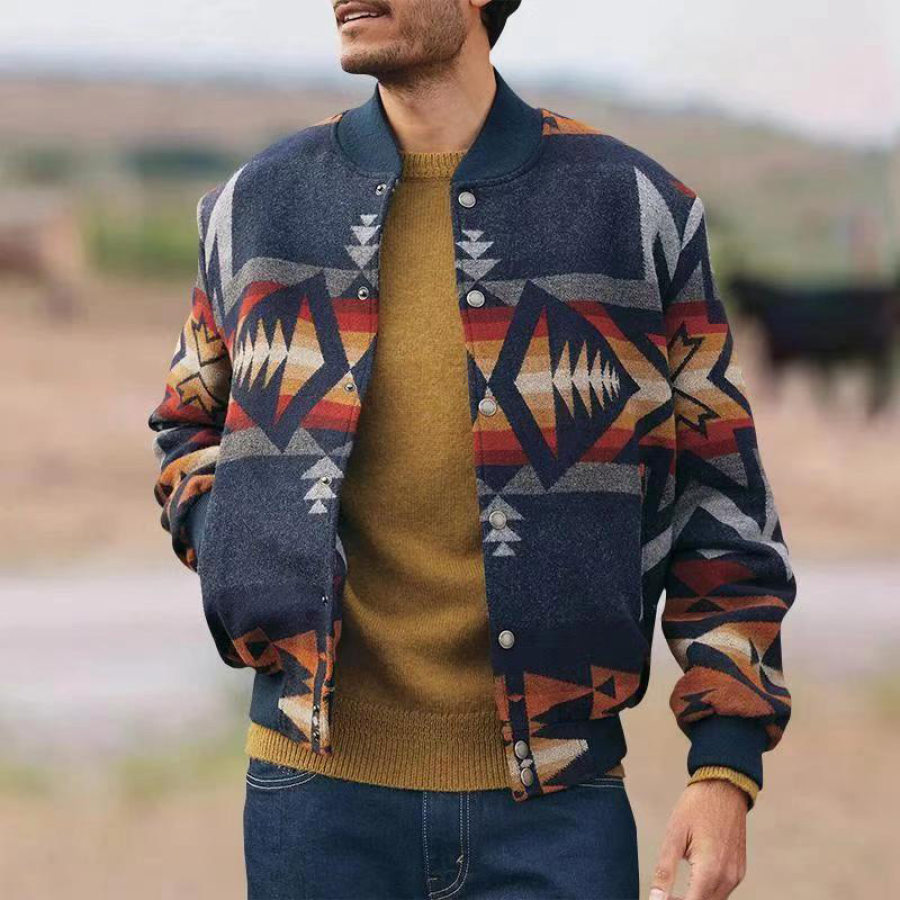 

Men's Vintage Geometric Print Stand Collar Jacket