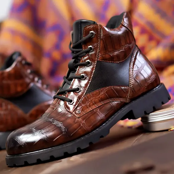 Men's Vintage Faux Crocodile Leather Mid-Top Martin Boots - Keymimi.com 