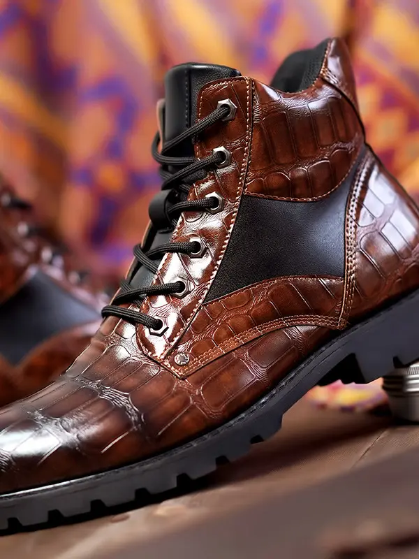 Men's Vintage Faux Crocodile Leather Mid-Top Martin Boots - Wantbright.com 