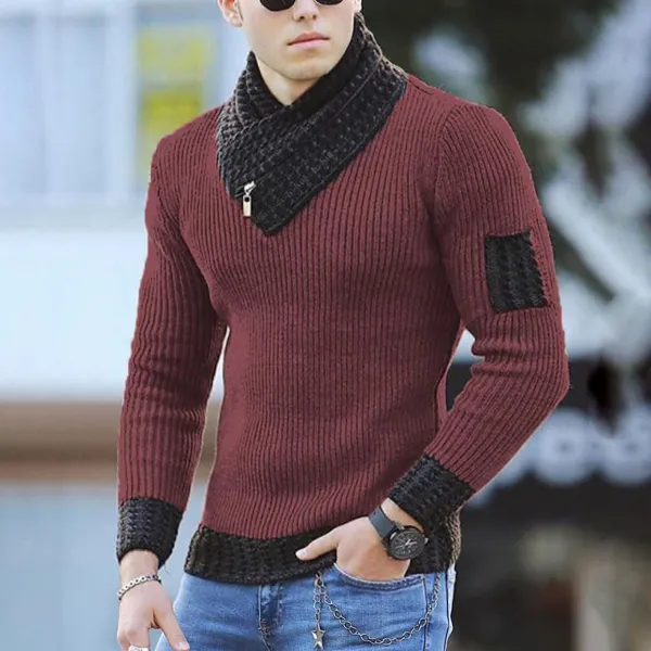Men's Casual Scarf Collar Knit Long Sleeve Sweater - Dozenlive.com 