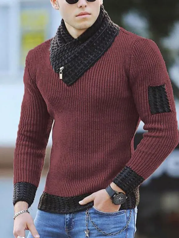 Men's Casual Scarf Collar Knit Long Sleeve Sweater - Sunshinenice.com 