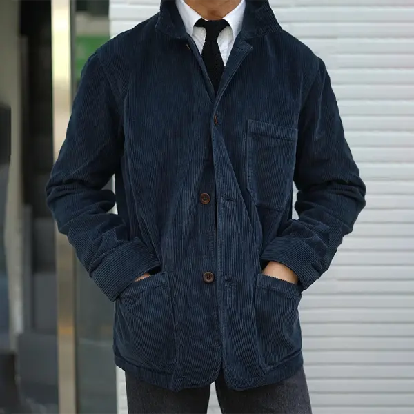 Men's Vintage Blue Simple Corduroy Casual Jacket - Keymimi.com 