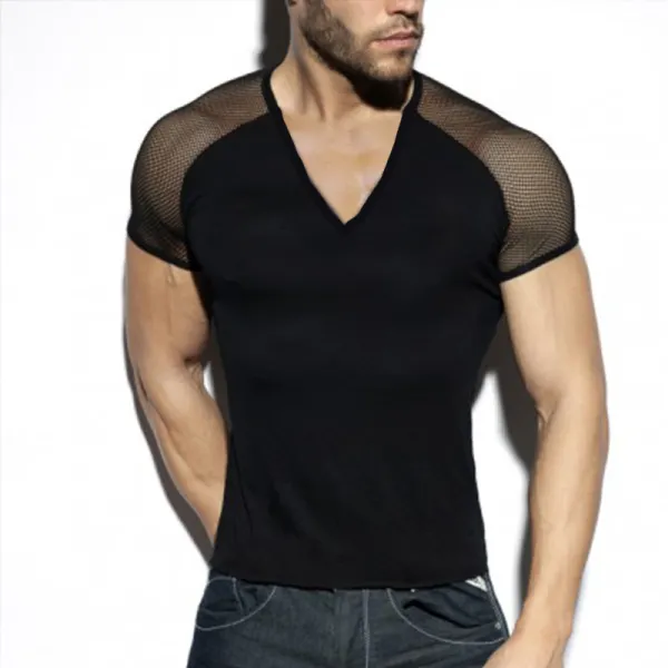Personality Slim Stitching Fabric V-Neck T-Shirt - Keymimi.com 