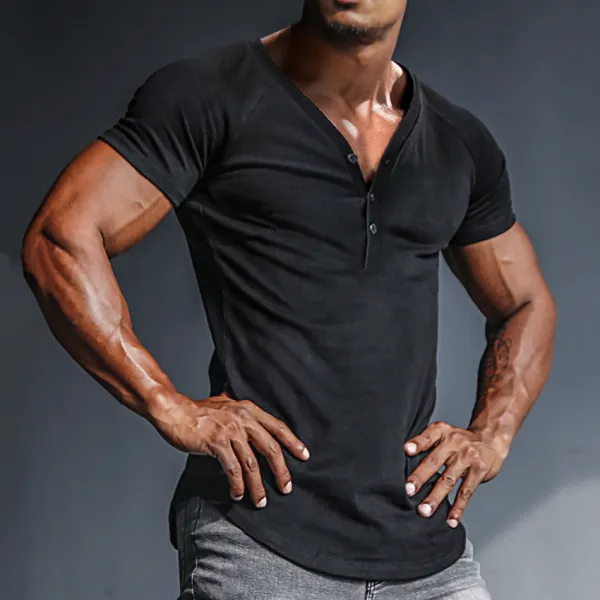 Men's Casual Slim Short Sleeve T-Shirt Sports Fitness Running Henley V Neck Top Only $23.89 - Wayrates.com 