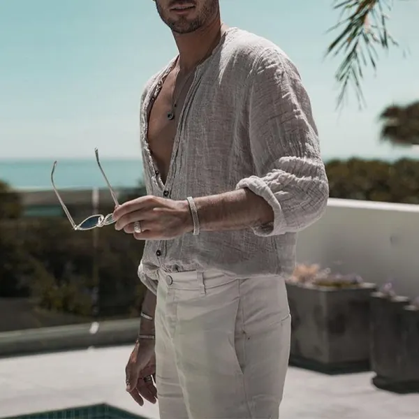 Men's Casual Loose Cotton Linen Solid Color Stand Collar Long Sleeve Shirt - Freemacho.com 