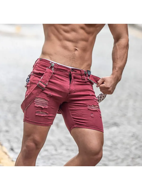 Ripped Denim Fit Shorts (Removable Suspenders) - Machoup.com 