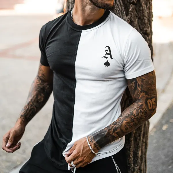 Men's Fashion Poker Black And White Colorblock Print Casual Short Sleeve T-Shirt - Mobivivi.com 