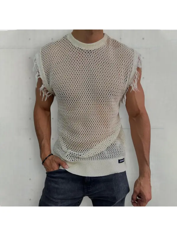 Men's Sheer Mesh Plain Color Sleeveless Top - Localziv.com 