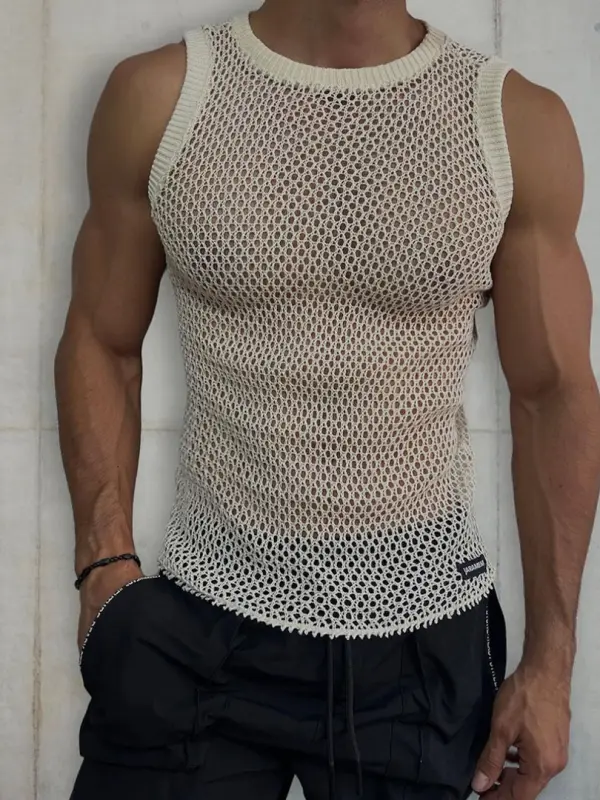 Men's Sheer Mesh Plain Color Sleeveless Top - Sunshinetip.com 