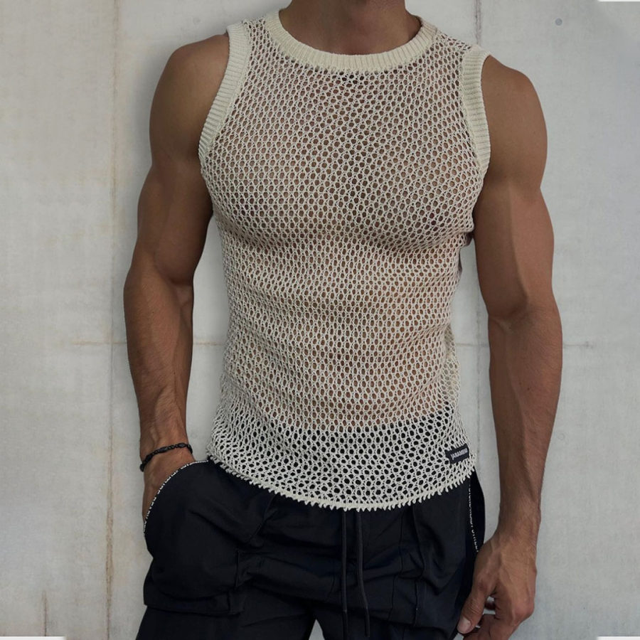 

Men's Sheer Mesh Plain Color Sleeveless Top