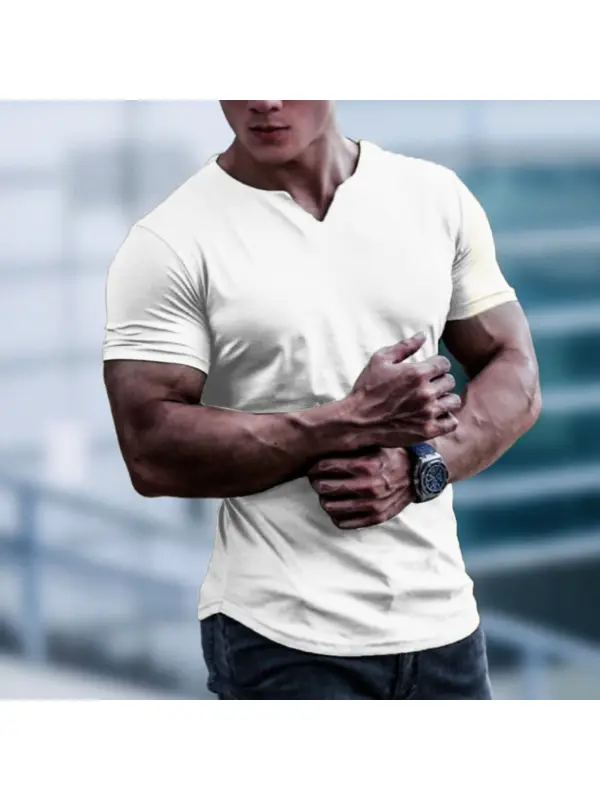 Men's Solid Color Round V Neck Slim Short Sleeve T-Shirt - Localziv.com 