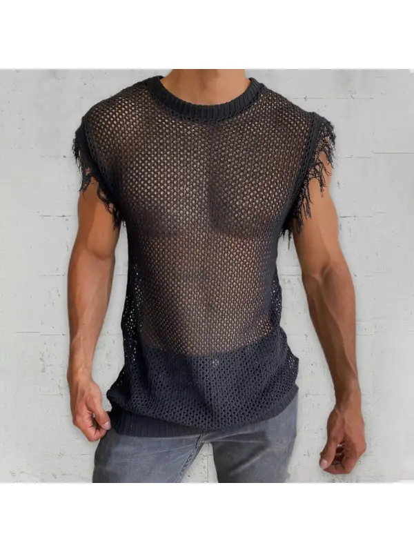 Men's Mesh Knit Fringed Sleeveless Tank Top - Anrider.com 