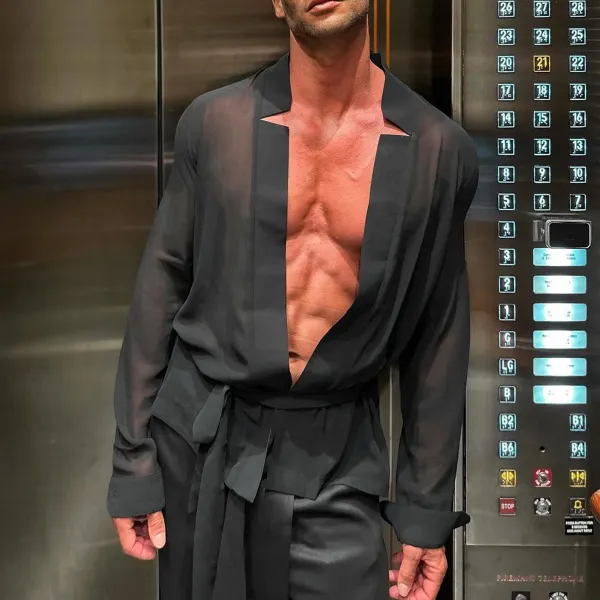 Star Collar Cardigan Long Sleeve Men's Sexy See-through Shirt - Keymimi.com 