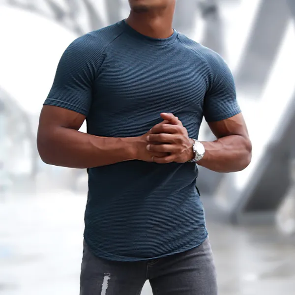Men's Sports Short-sleeved Fitness Training T-shirt Running Top Casual Slim Round Neck Solid Color Cotton Bottoming Shir - Wayrates.com 
