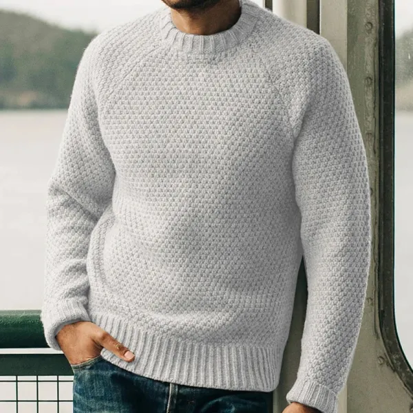 Men's Fashion Retro Solid Color Casual Round Neck Pullover Sweater - Keymimi.com 