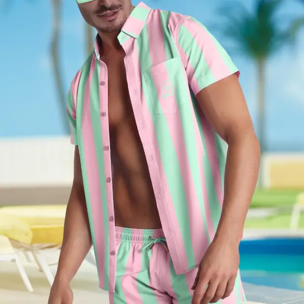 Men's Shirt Plus Size Short Sleeve Hawaii Beach Pink Barbie Stripes Summer Daily Top Pink - Craftshock.com 