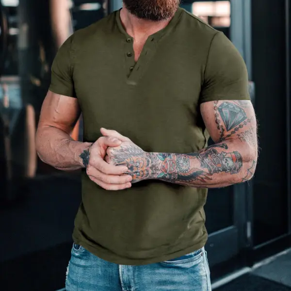 Men's Solid Vintage Henley Collar Casual T-Shirt - Craftshock.com 