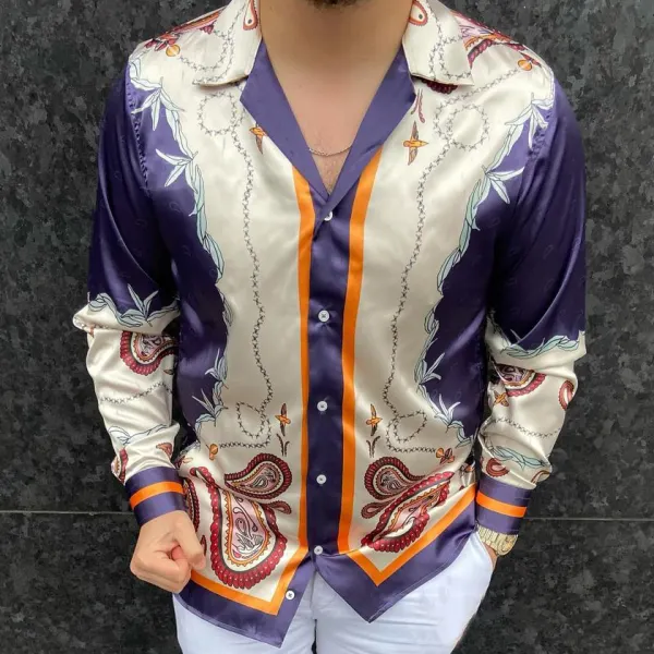 Paisley-print Satin Long-sleeve Shirt - Jumbochic.com 
