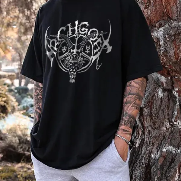 Satanic Goat Print Graphic T-shirt - Jumbochic.com 