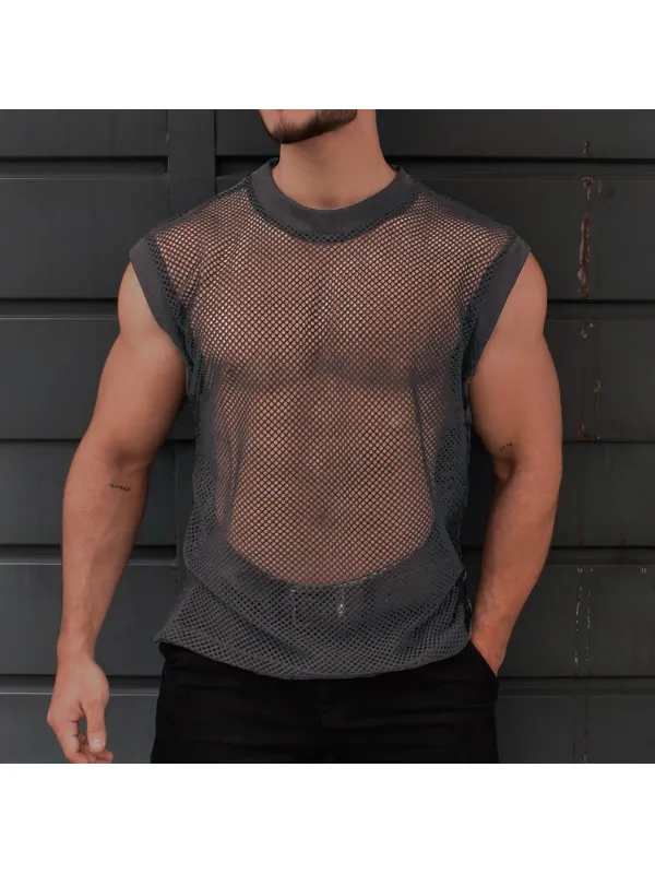 Men's See-through Plain Mesh Sleeveless Tank Top - Ootdmw.com 