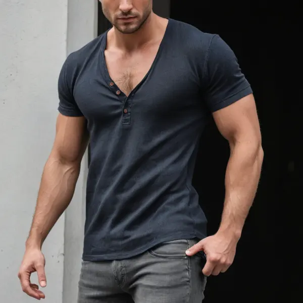 Men's Button V-neck Tight T-shirt - Yiyistories.com 