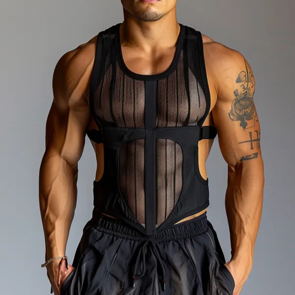 Men's Transparent Vertical Mesh Fitness Sleeve Sexy Tank Top - Elementnice.com 