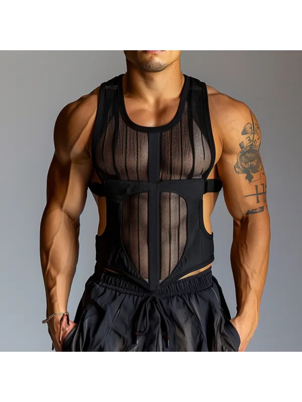 Men's Transparent Vertical Mesh Fitness Sleeve Tank Top - Timetomy.com 