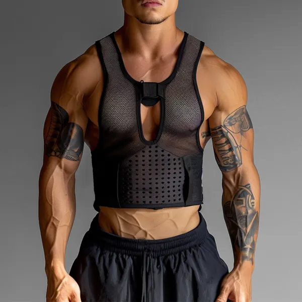 Men's Hollow Transparent Mesh Fitness Sleeve Tank Top - Fineyoyo.com 