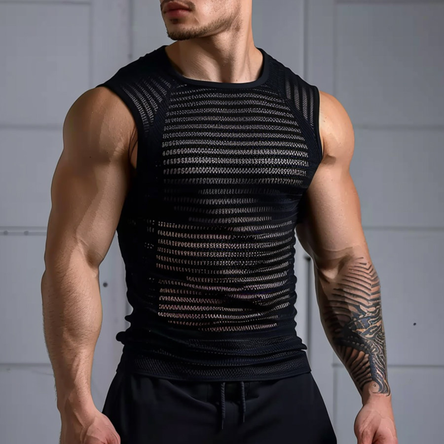 

Men's See-through Striped Mesh Sleeveless Tank Top