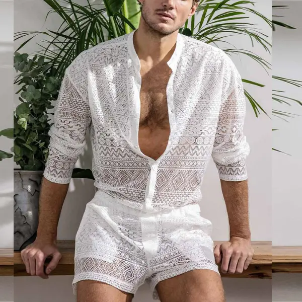 Hollow Lace Sexy Trendy Men's Shirt And Shorts Two-piece Set - Keymimi.com 